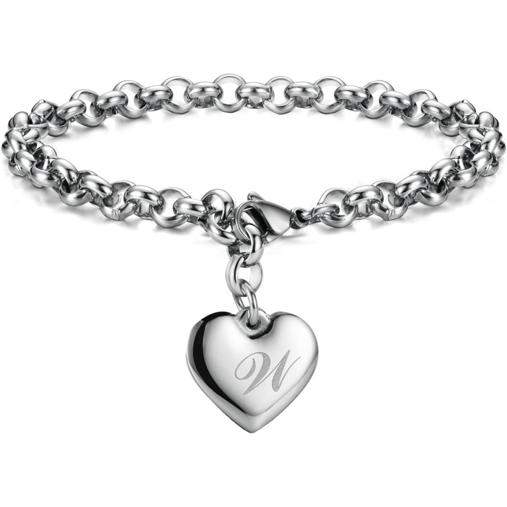 ❤️Letter W Silver Heart Initial Charm Bracelet